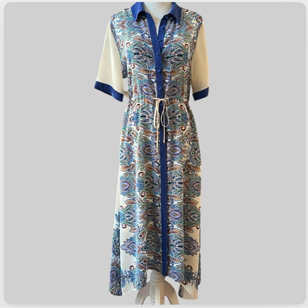 Johnny Was Cream and Blue High-Low Button-Front Midi Dress Size Small - Picture 4 of 16
